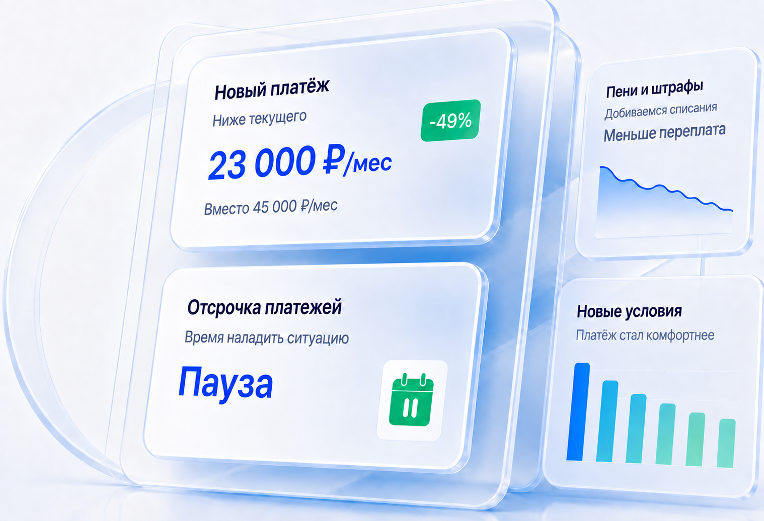 Иллюстрация нового платежа: 23 000 ₽ вместо 45 000 ₽ в месяц. Отсрочка платежей — время наладить ситуацию. Пауза.